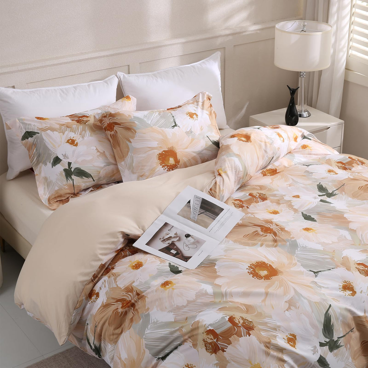 LONAVA Queen Floral 3 Pcs Duvet Cover Set, Breathable Soft Microfiber Glass Green Lining Comforter Cover with Zipper Closure, and 2 Anti-Pilling, Fade Resistant Pillowcases, Fall Floral