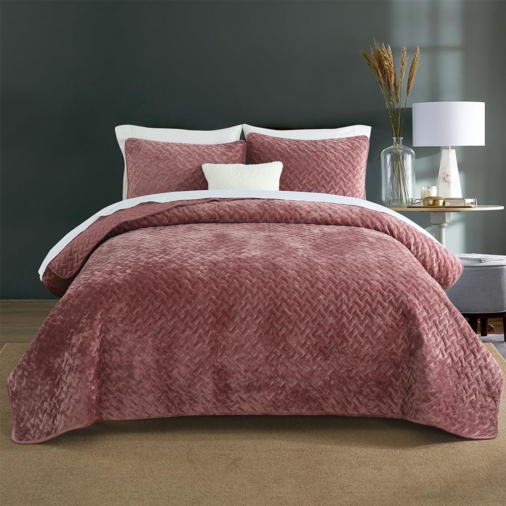 Liians Velvet Bedspread Quilt Coverlet Bedding Sets Full Queen Size, Pink