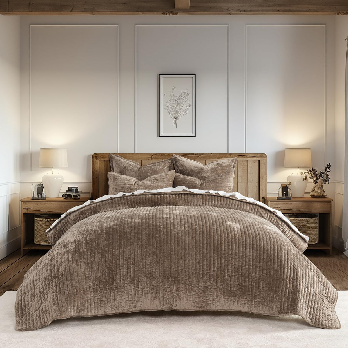 EverGrace Stripe Channel Luxury Velvet Quilt Set King Size, Mocha Brown