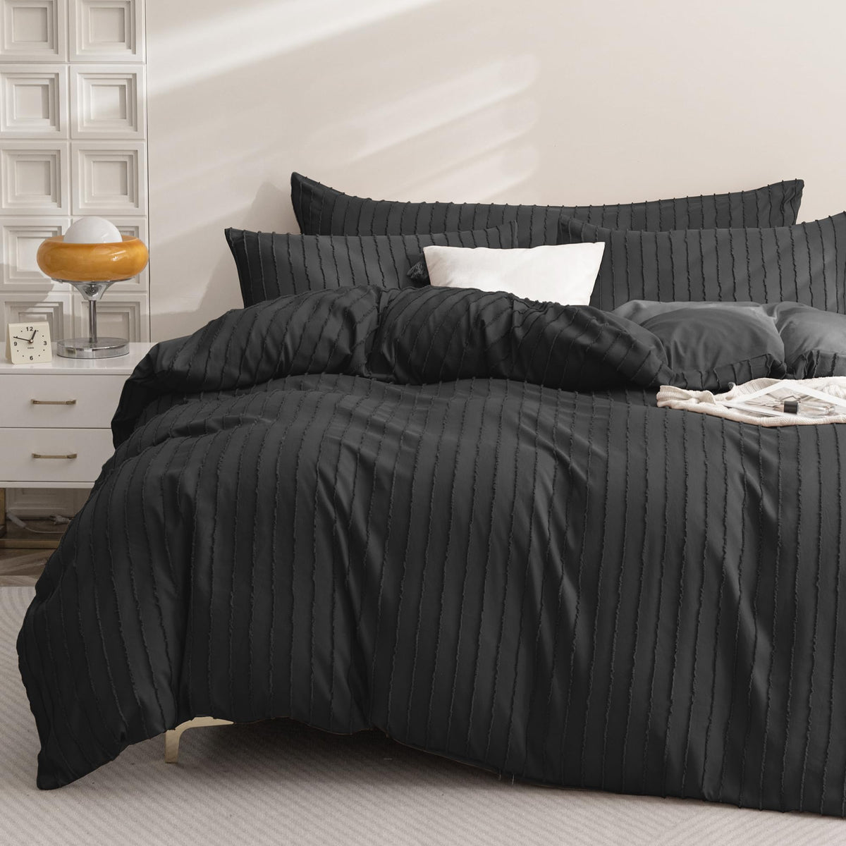 JELLYMONI White Striped Tufted Duvet Cover Set Queen Size