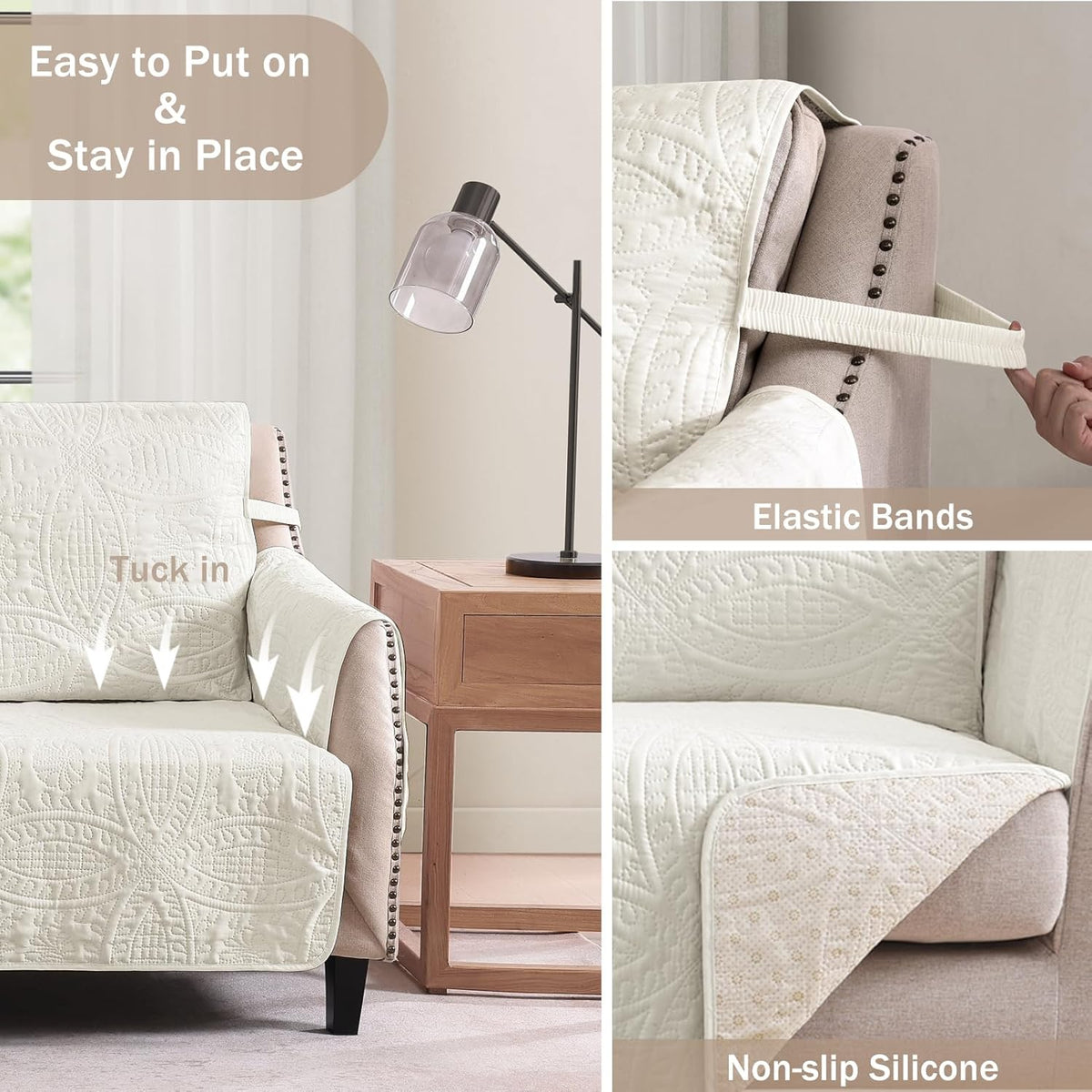 Soft Quilted Couch Cover with Pockets for Extra-Large Sofa, Anti-Slip Sofa Covers Washable for 3 Cushion Pet Friendly Medallion Oversized Sofa Cover Water-Repellent (X-Large Sofa 78", Ivory White)