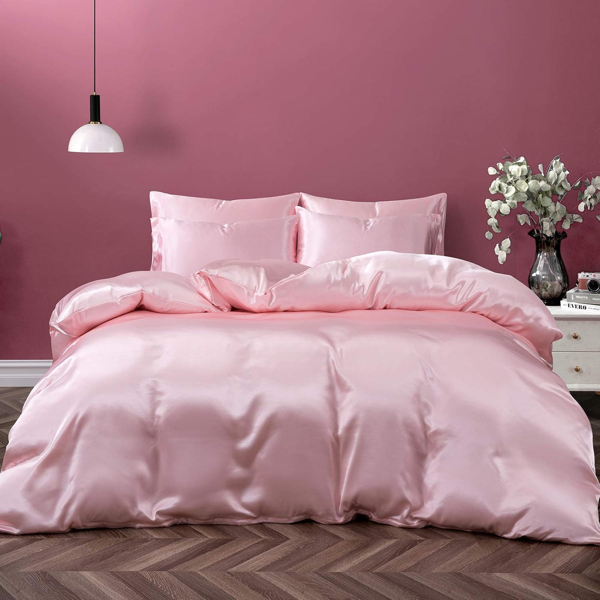 P Pothuiny 5 Pieces Blush Pink Satin Duvet Cover Full/Queen Size Set