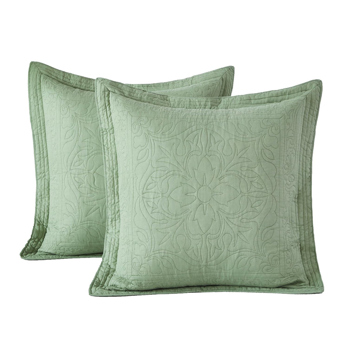 WINLIFE 100% Cotton Quilted Pillow Sham Floral Printed Pillow Cover Sage Green, Standard Size, 20 x 26 Inch