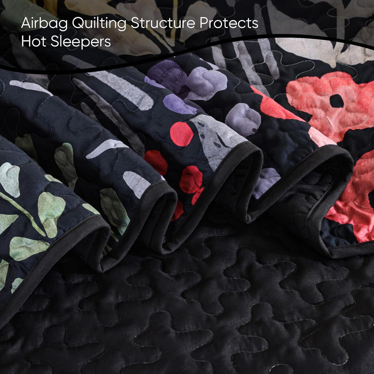 Xruibed Floral Quilt Sets King Size, 3 Pcs Soft Black Bedspread Bedding Set