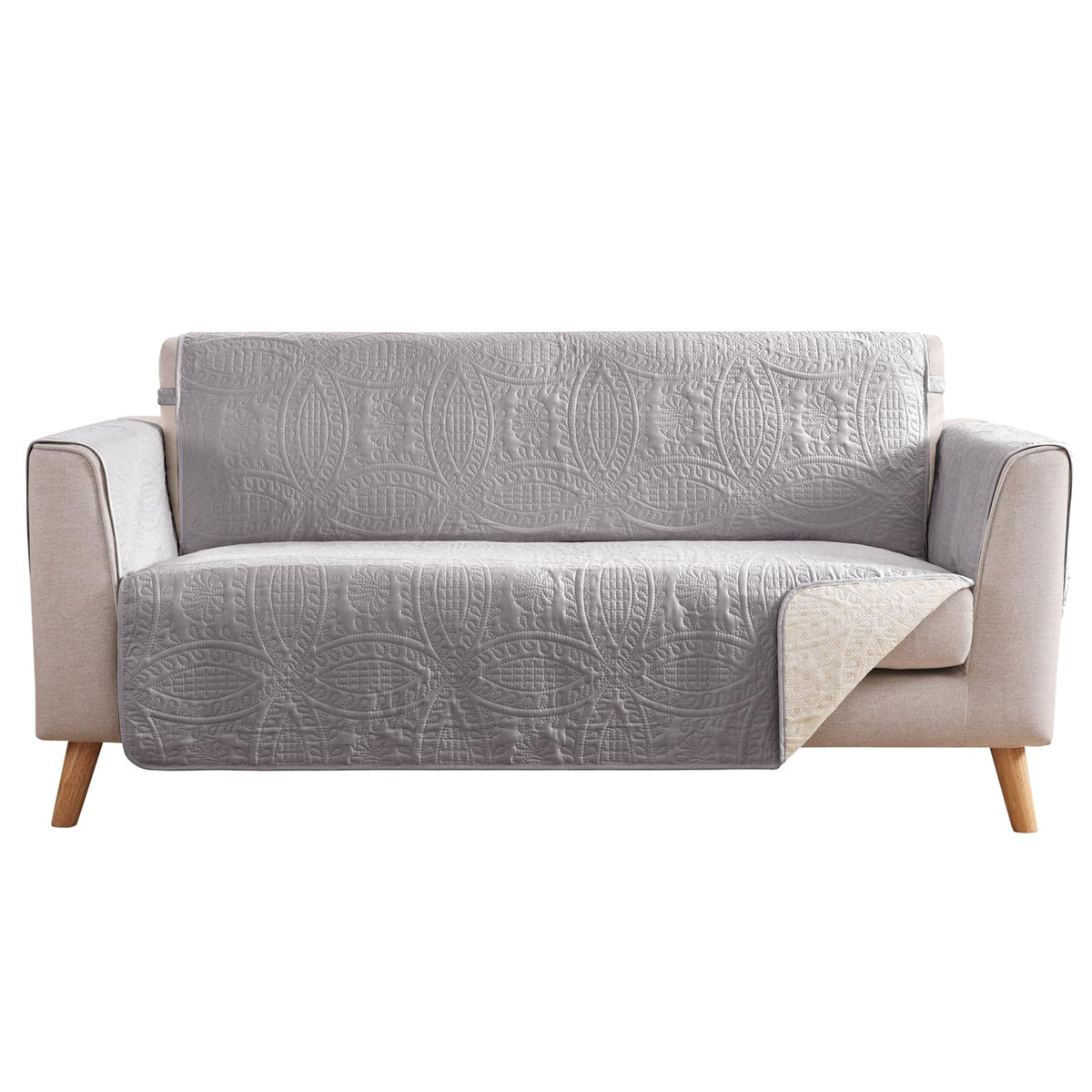 Soft Quilted Couch Cover with Pockets for Extra-Large Sofa, Anti-Slip Sofa Covers Washable for 3 Cushion Pet Friendly Medallion Oversized Sofa Cover Water-Repellent (X-Large Sofa 78", Ivory White)