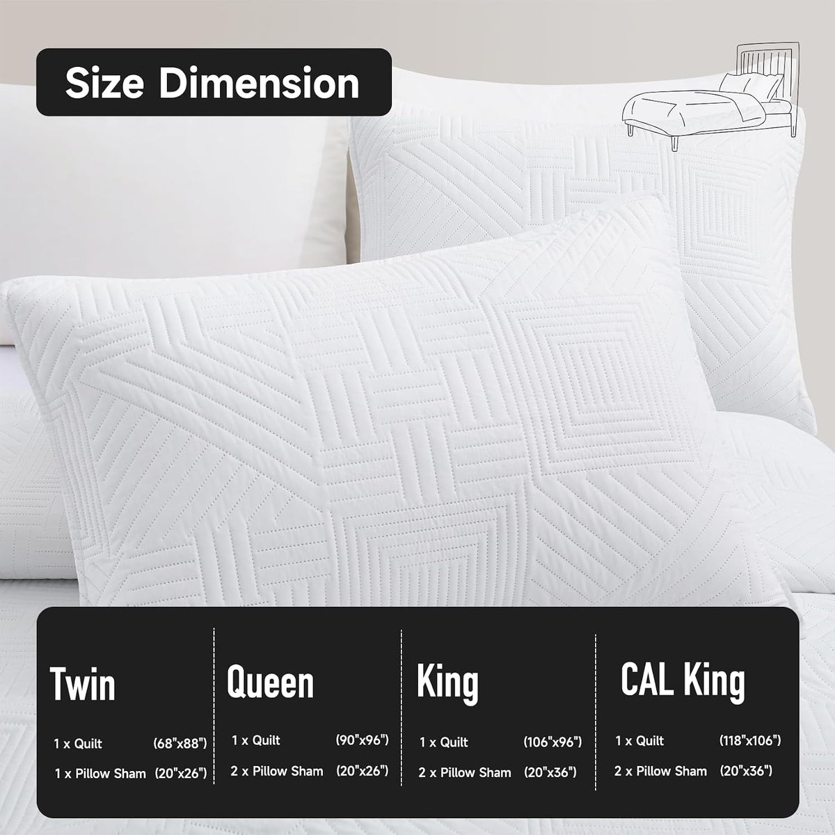 Lavsiry White Quilt Full/Queen Size, 3 Pieces Bedspread Set