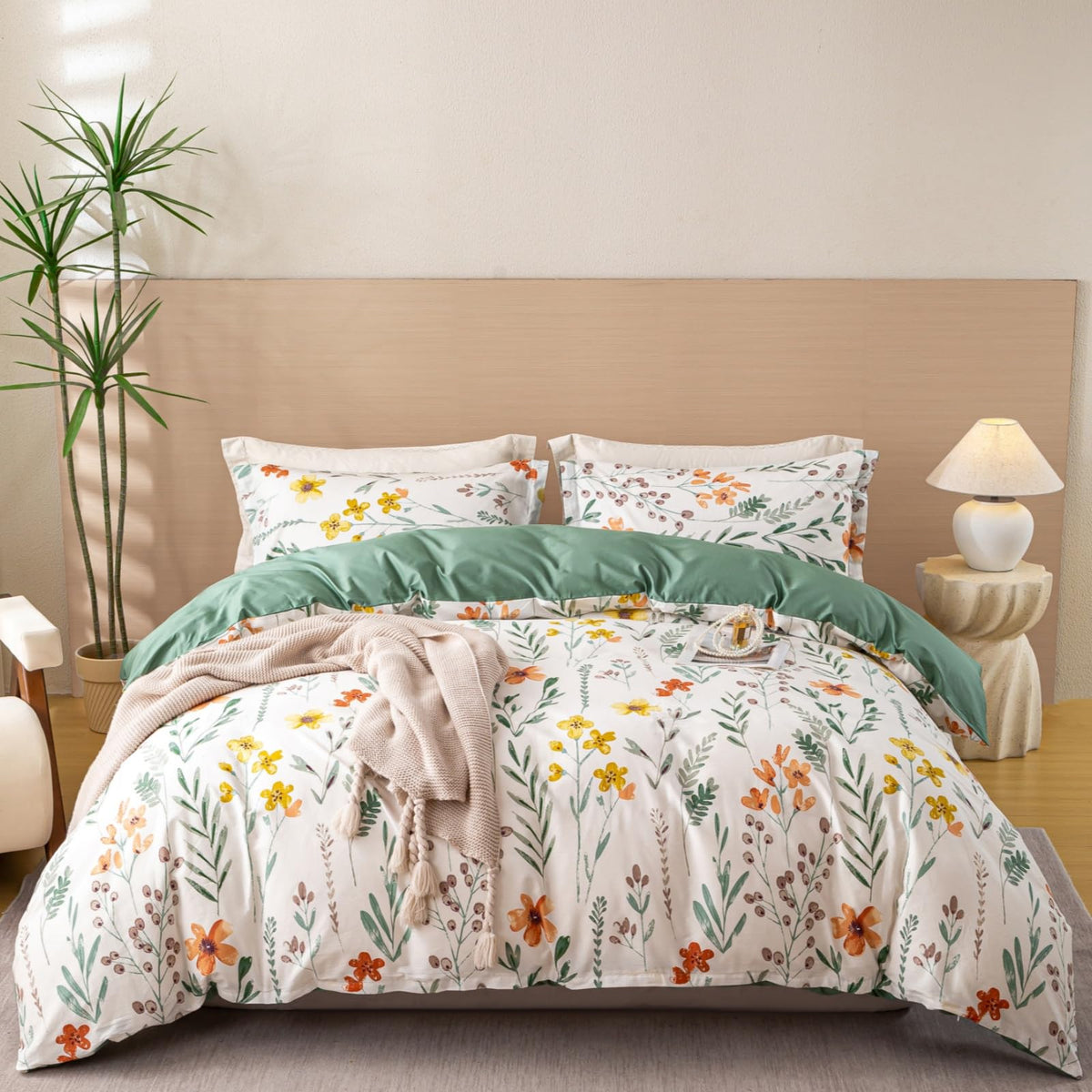 OAITE Queen Duvet Cover Set 3pcs 100% Cotton Wildflower Botanical