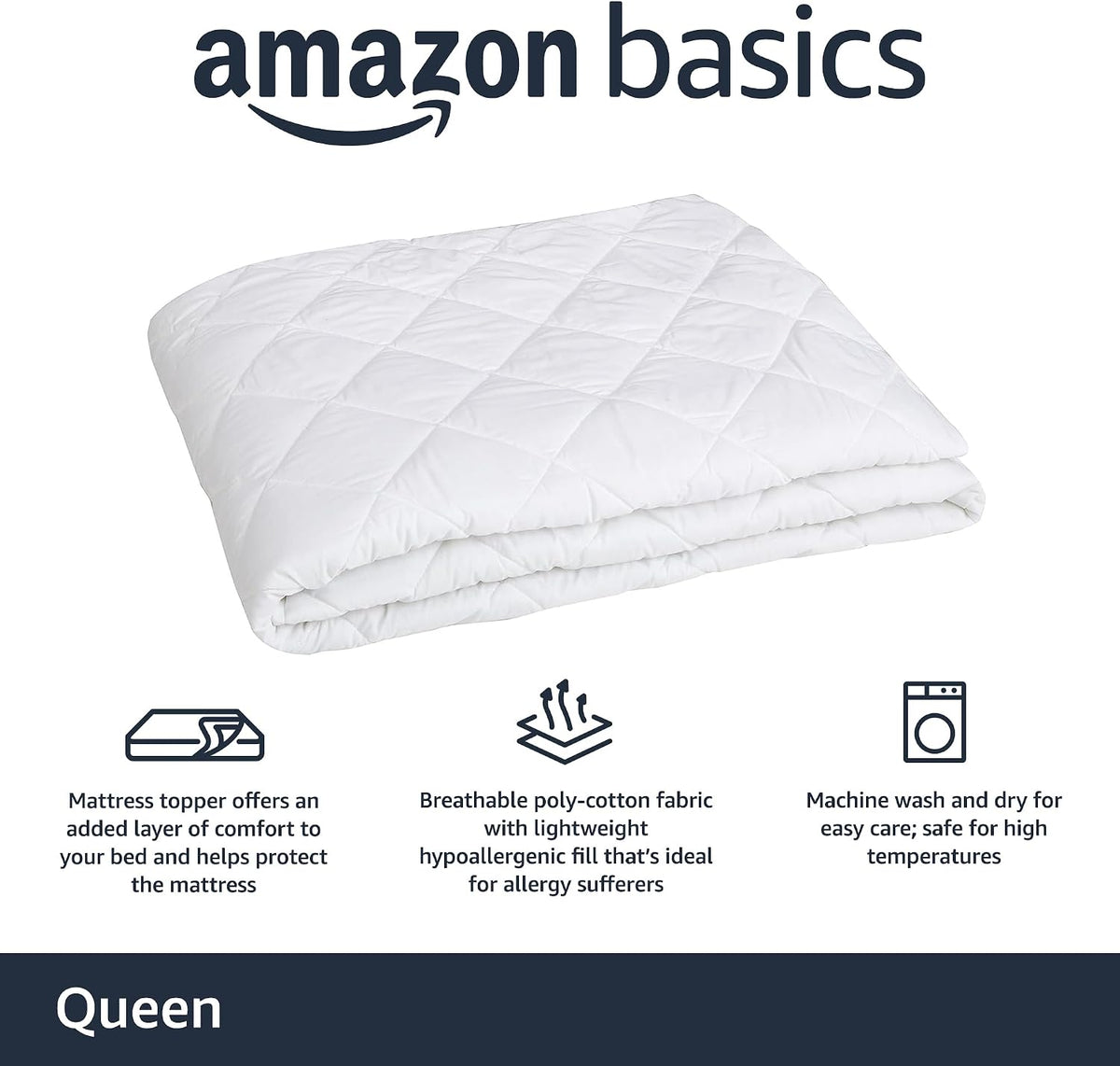 Amazon Basics Hypoallergenic Quilted Plush and Breathable Mattress Topper Pad, 18 Inches Deep, Padded, Washable, Queen, White