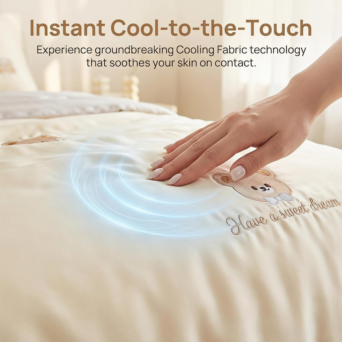 4-Piece Set Cooling Ice Silk Summer Quilt with Bear Embroidery Breathable Soft Bedding for Hot Sleepers