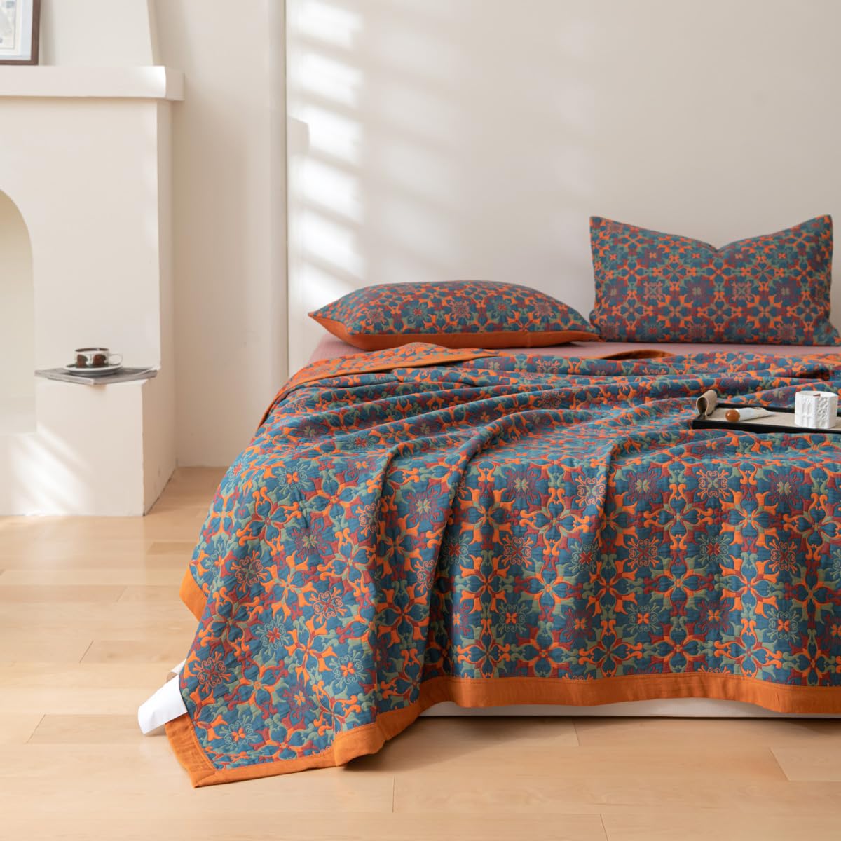 100% Cotton Muslin Botanical Blanket Jacquard Floral Plants Pattern Quilt, Soft Bed Cover Lightweight Breathable Gauzy Reversible Bedspread Coverlet Bedding King(98"x94"), No Pillow Sham
