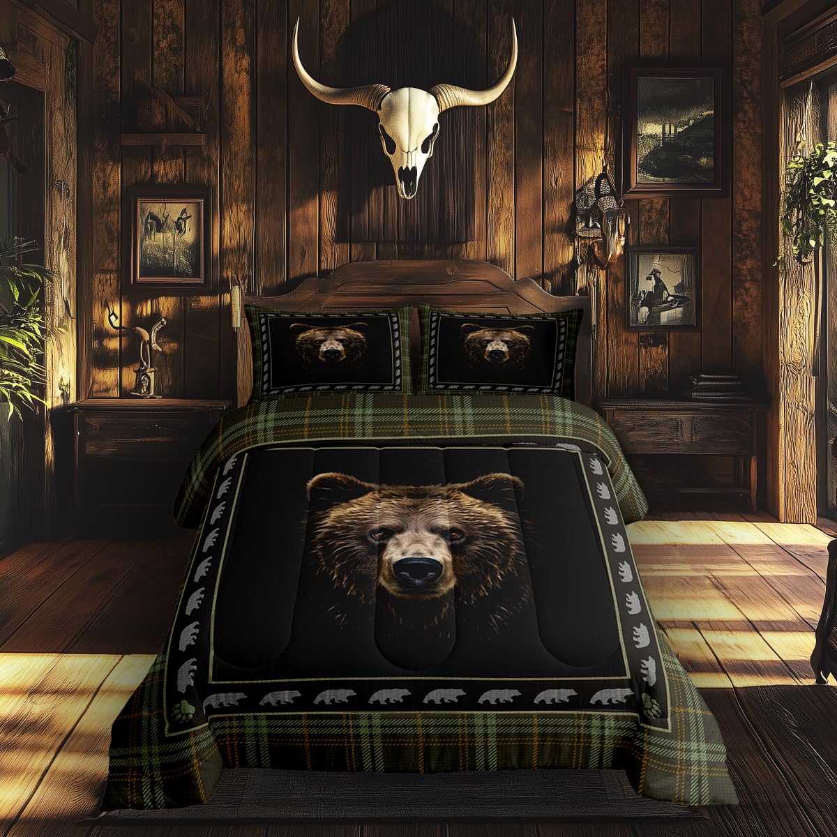 Homewish Jungle Cabin Comforter Set,Moose Animal Pine Trees Bedding Sets for Kids Teens Adults,Retro Wooden Stripes Rustic Farmhouse Quilted Comforter with 2 Pillowcases Queen Size 3 Pcs