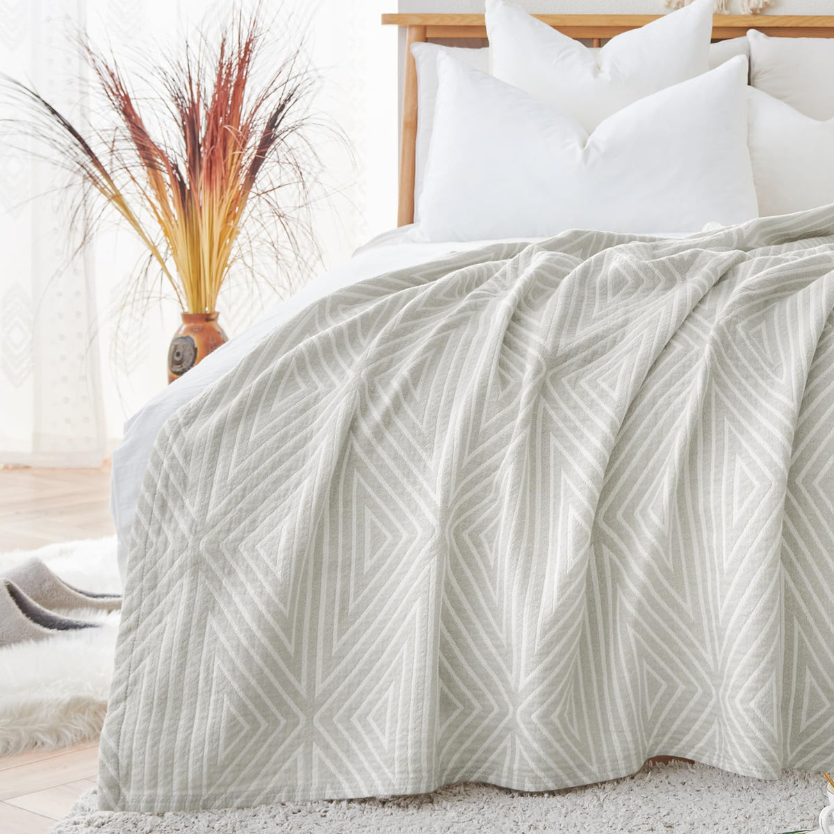 jinchan 100% Cotton Muslin Blanket Twin Boho Throw Blanket 50x60 Gray