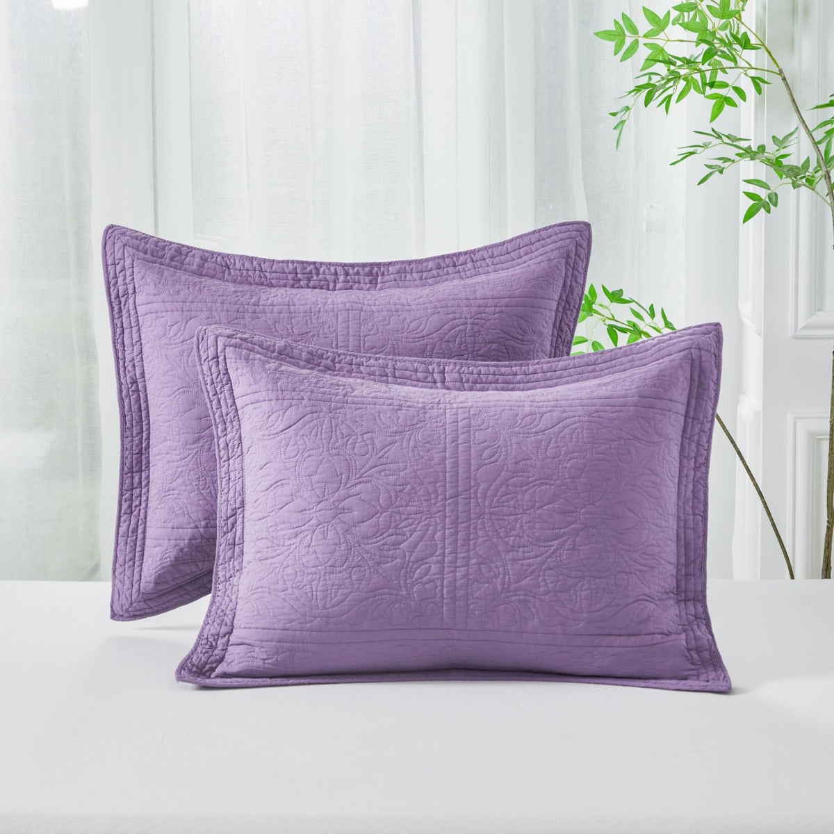 WINLIFE 100% Cotton Quilted Pillow Sham Floral Printed Pillow Cover Sage Green, Standard Size, 20 x 26 Inch