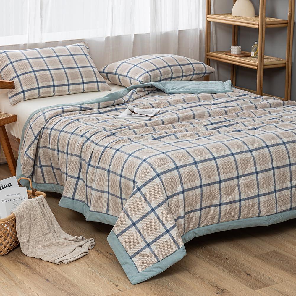 NTCOCO Summer Lightweight Comforter Set,Thin Quilt,100% Washed Cotton,Machine Washable,Soft Comfy Breathable Can Sleep Naked(Queen,Apple Green