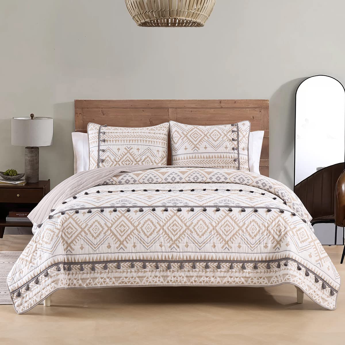 Boho Style Queen Quilt Set Reversible Bohemian Floral Strip Quilt Beddding Set, Soft and Lightweight Bedspread for All Season, Full Size Bed Coverlet with 2 Matching Pillow Shams (3 Pieces)