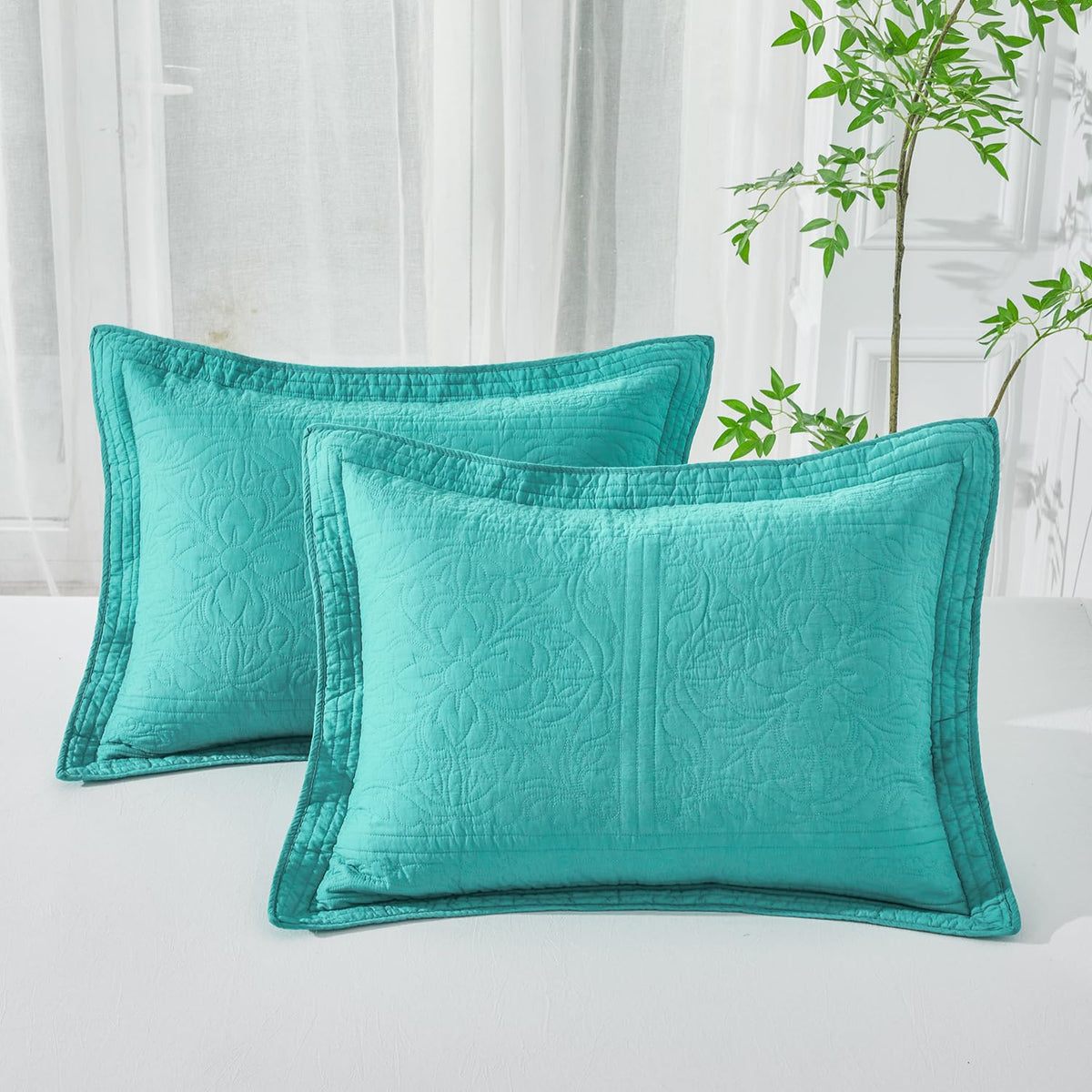 WINLIFE 100% Cotton Quilted Pillow Sham Floral Printed Pillow Cover Sage Green, Standard Size, 20 x 26 Inch