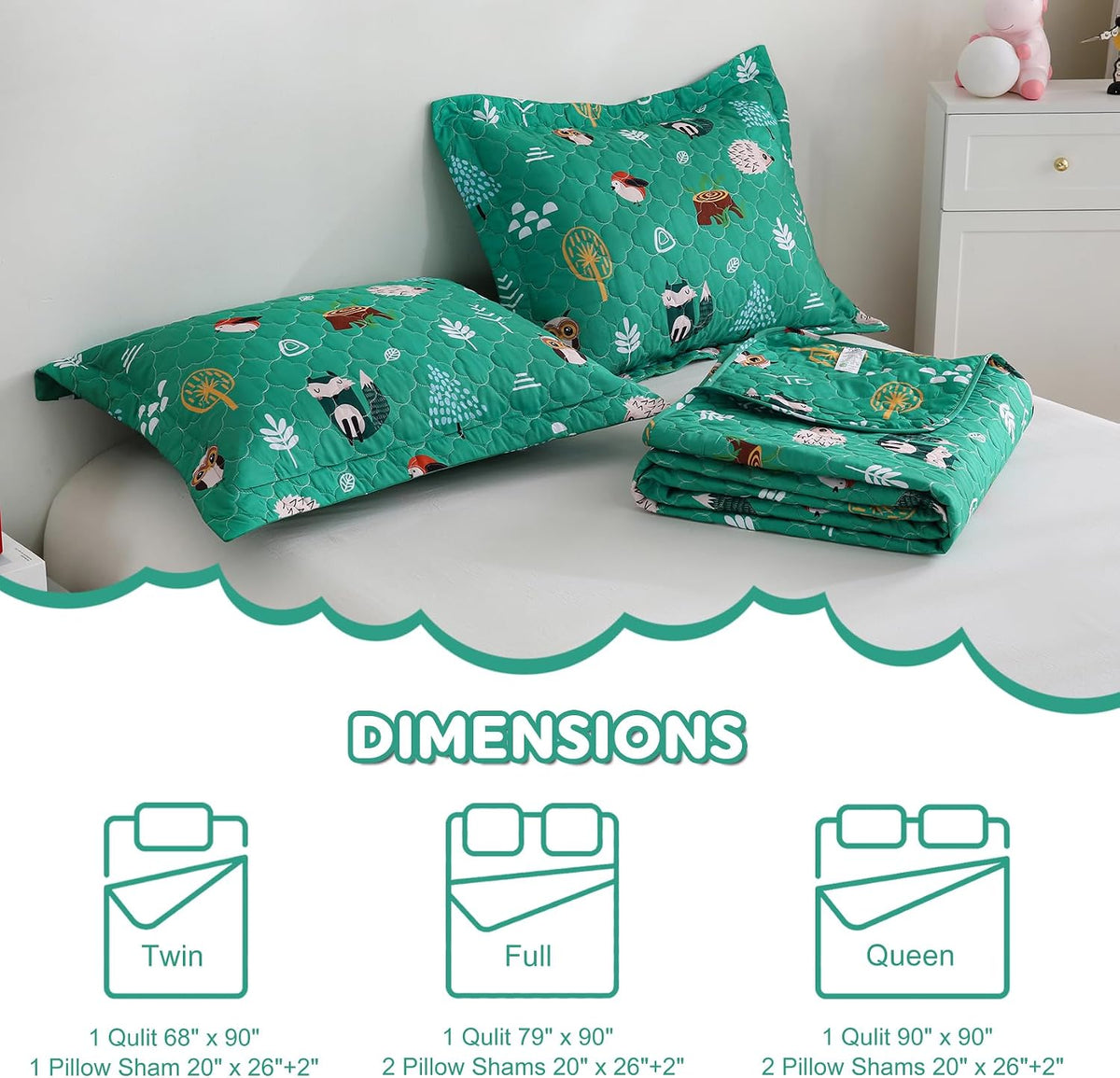 Green Forest Animals Themed Quilt Set Full Size for Boys, 3 Pieces