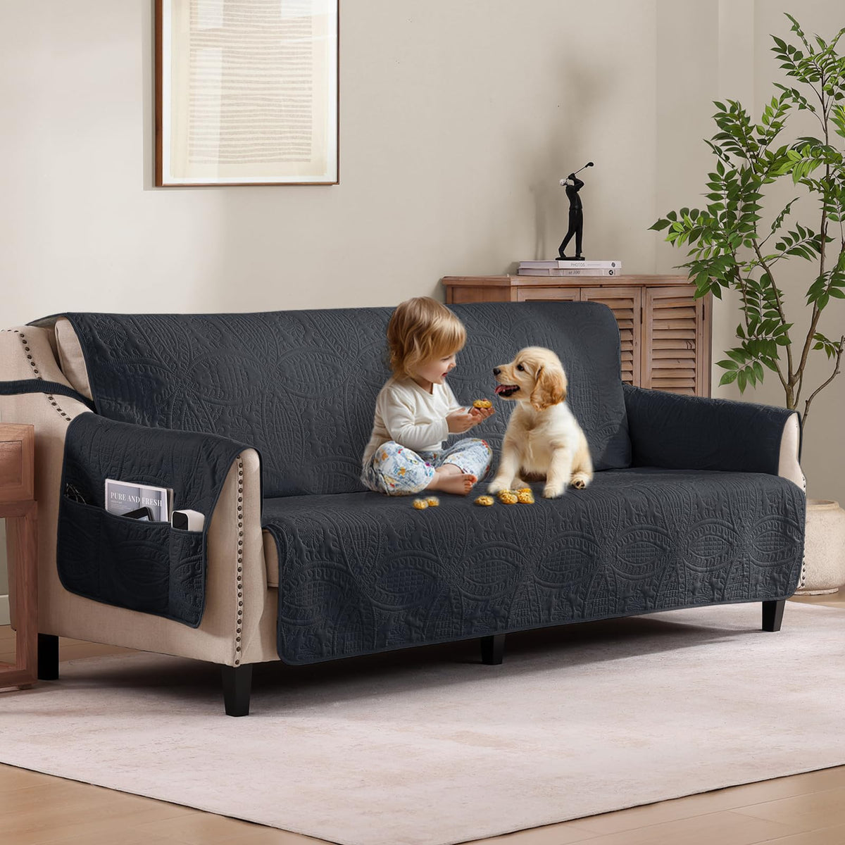 Soft Quilted Couch Cover with Pockets for Extra-Large Sofa, Anti-Slip Sofa Covers Washable for 3 Cushion Pet Friendly Medallion Oversized Sofa Cover Water-Repellent (X-Large Sofa 78", Ivory White)