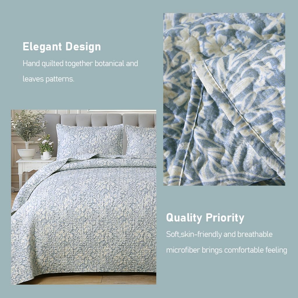 DURLENGEN Botanical Quilt California King Size,Reversible Bedding Set,Beige