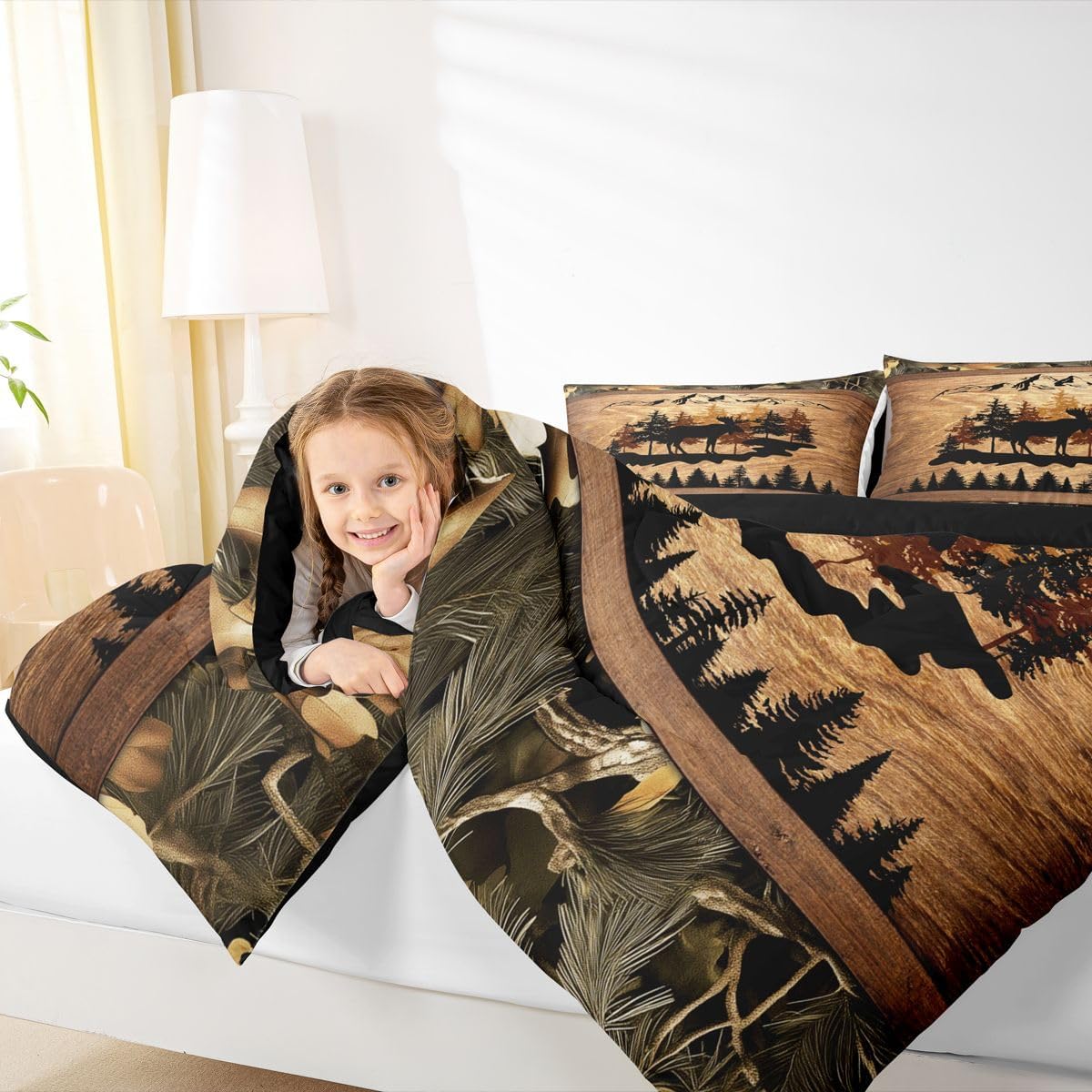Homewish Jungle Cabin Comforter Set,Moose Animal Pine Trees Bedding Sets for Kids Teens Adults,Retro Wooden Stripes Rustic Farmhouse Quilted Comforter with 2 Pillowcases Queen Size 3 Pcs