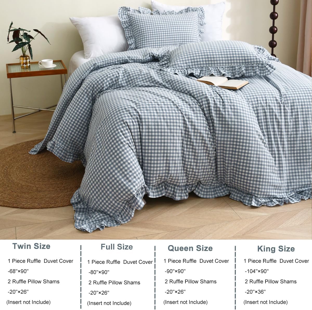 Silnuo Light Blue/White Gingham Plaid Ruffle Duvet Cover Set King Size