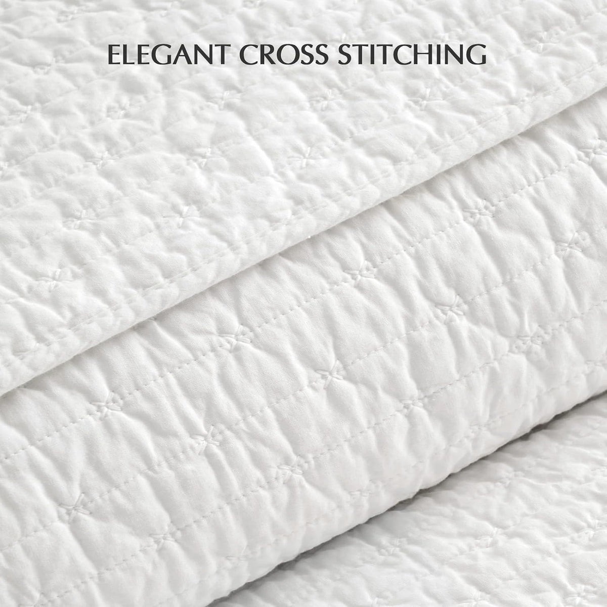 EverGrace 100% Cotton Cross Stitch 3-Piece Quilt, 118"x106", Bright White