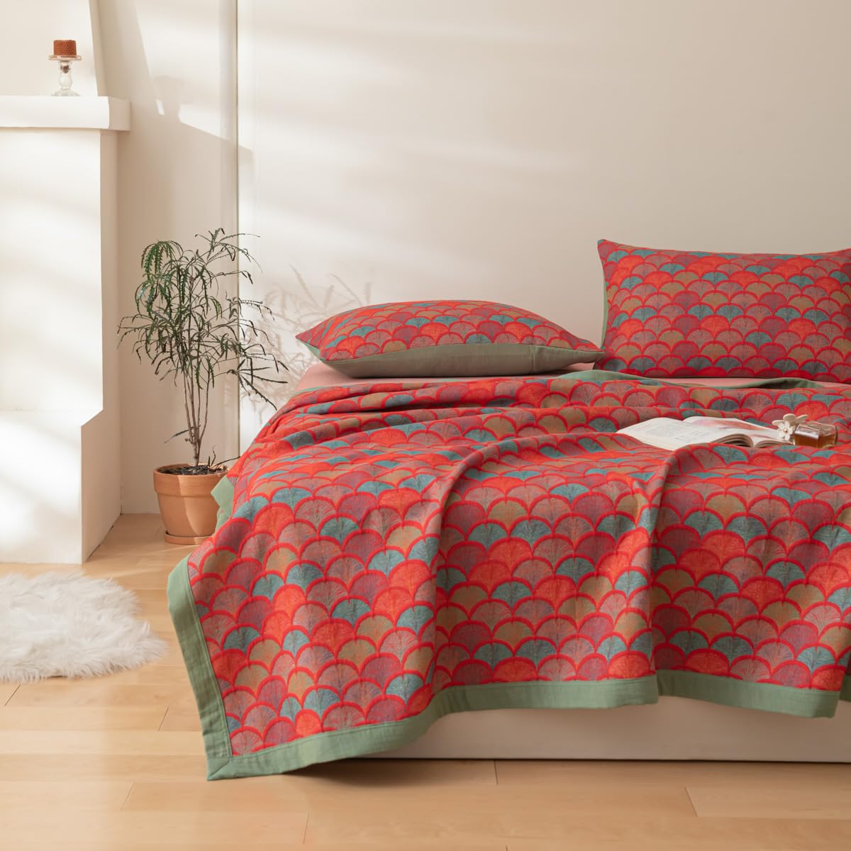 100% Cotton Muslin Botanical Blanket Jacquard Floral Plants Pattern Quilt, Soft Bed Cover Lightweight Breathable Gauzy Reversible Bedspread Coverlet Bedding King(98"x94"), No Pillow Sham