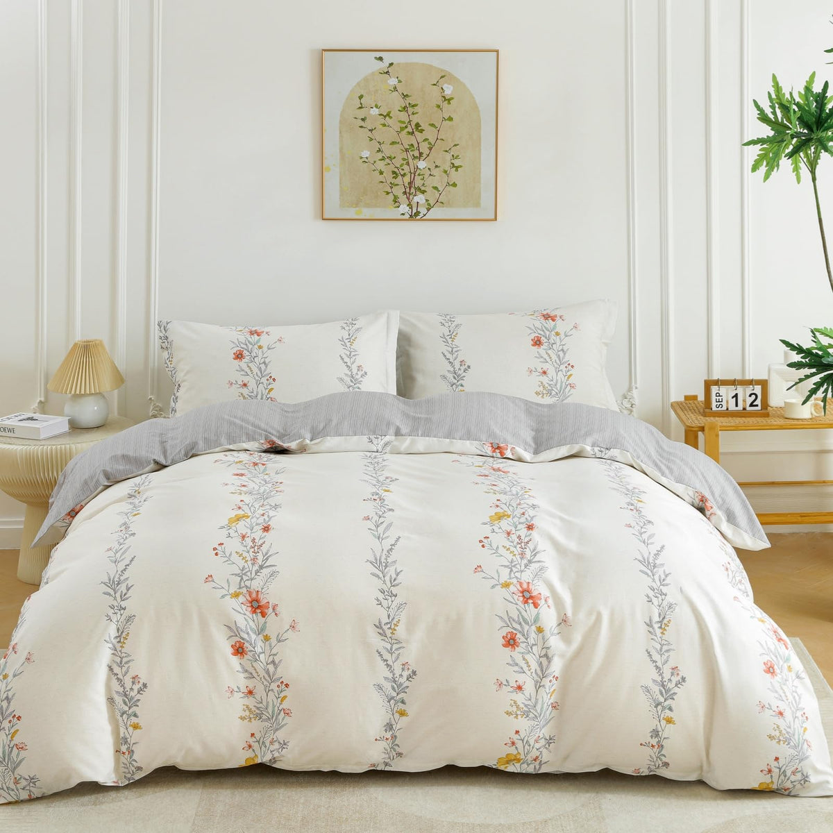 OAITE Queen Duvet Cover Set 3pcs 100% Cotton Wildflower Botanical