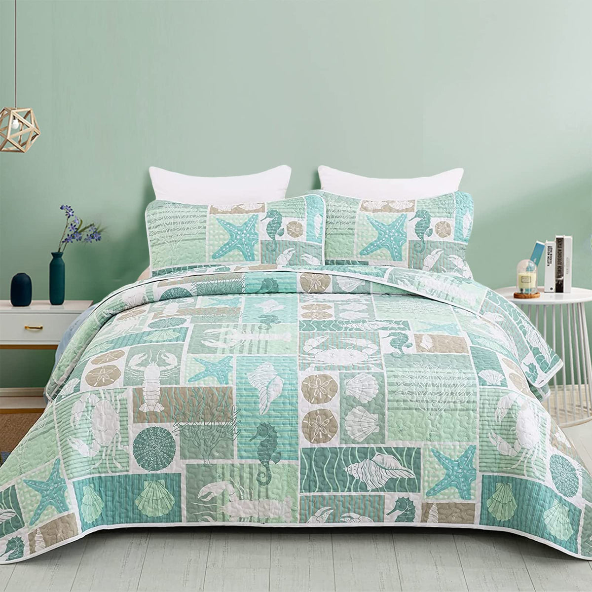 DJY Ocean Coastal Quilt Queen Size, 3 Pcs Sea Turtle Theme Bedspread Set