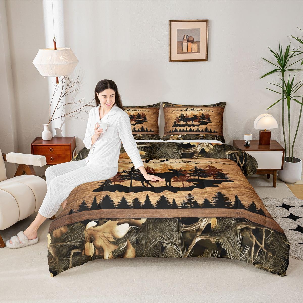 Homewish Jungle Cabin Comforter Set,Moose Animal Pine Trees Bedding Sets for Kids Teens Adults,Retro Wooden Stripes Rustic Farmhouse Quilted Comforter with 2 Pillowcases Queen Size 3 Pcs