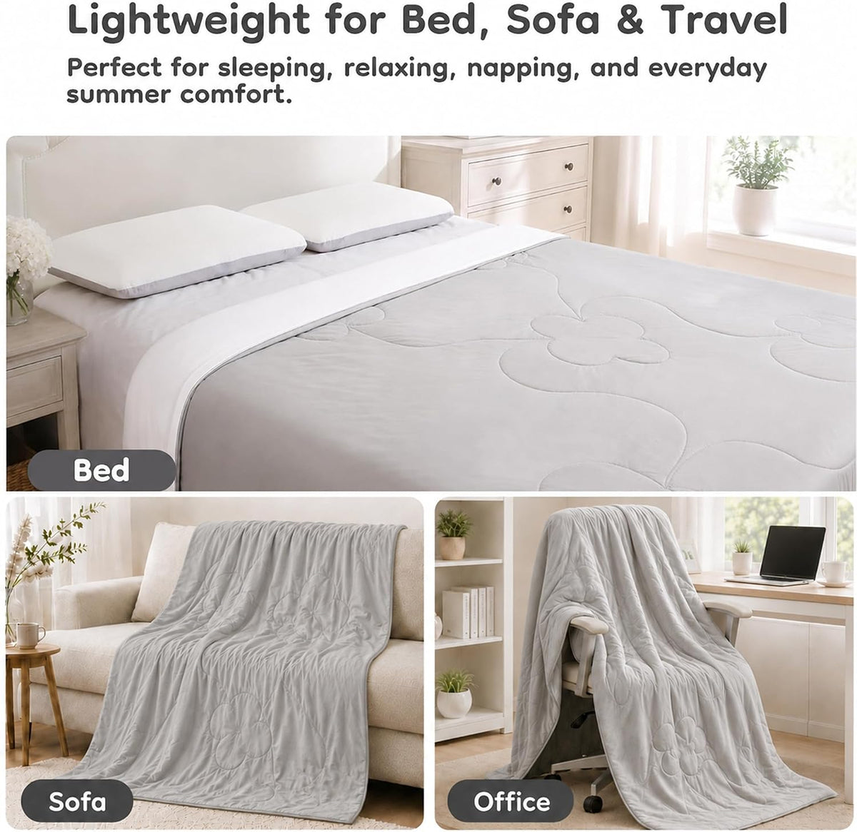 LaffyLo Cooling Blanket for Hot Sleepers, Lightweight Summer Quilt with Breathable Reversible Fabric for Bed, Couch, Dorm and Travel, Machine Washable, Twin Size 60"x80", White & Light Grey