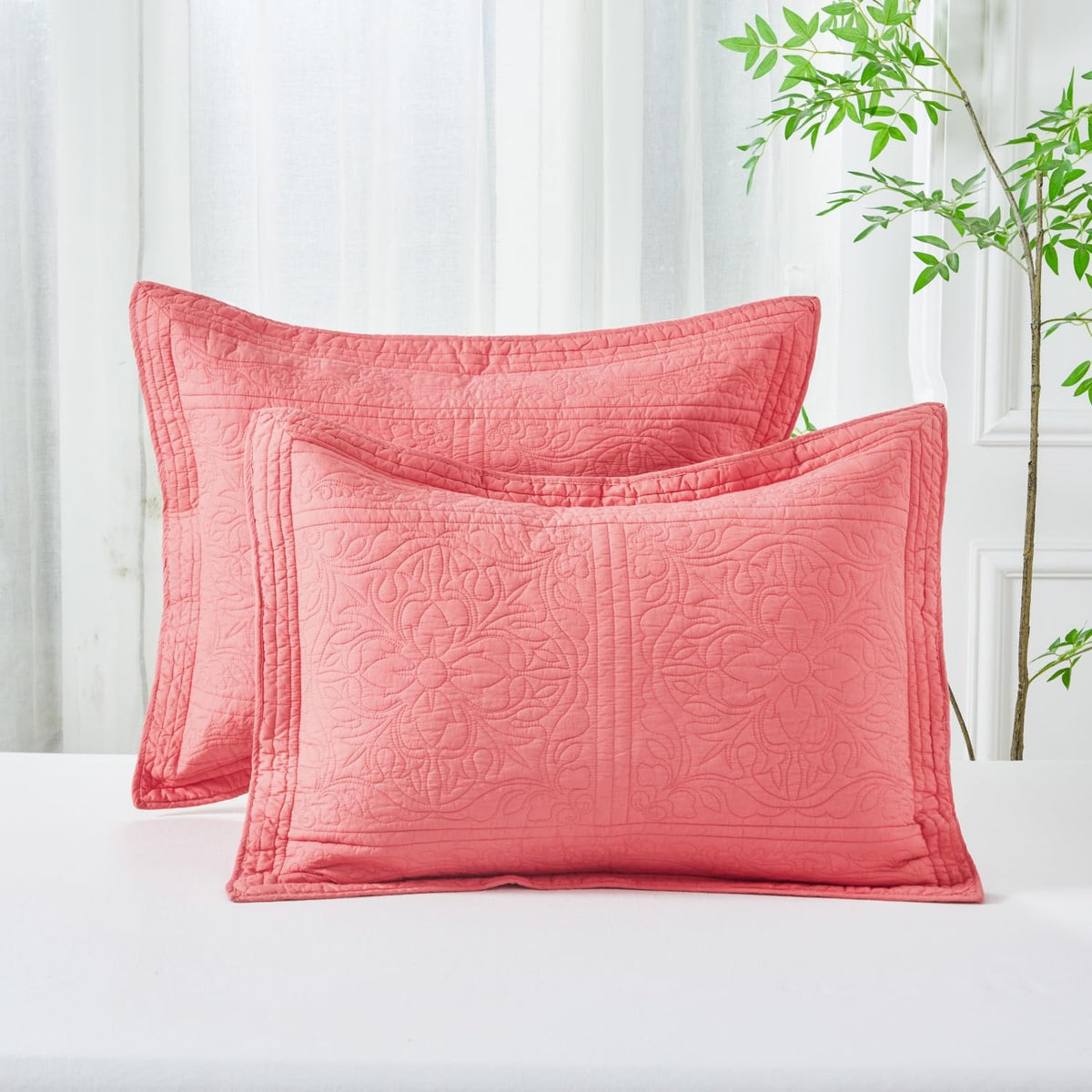 WINLIFE 100% Cotton Quilted Pillow Sham Floral Printed Pillow Cover Sage Green, Standard Size, 20 x 26 Inch