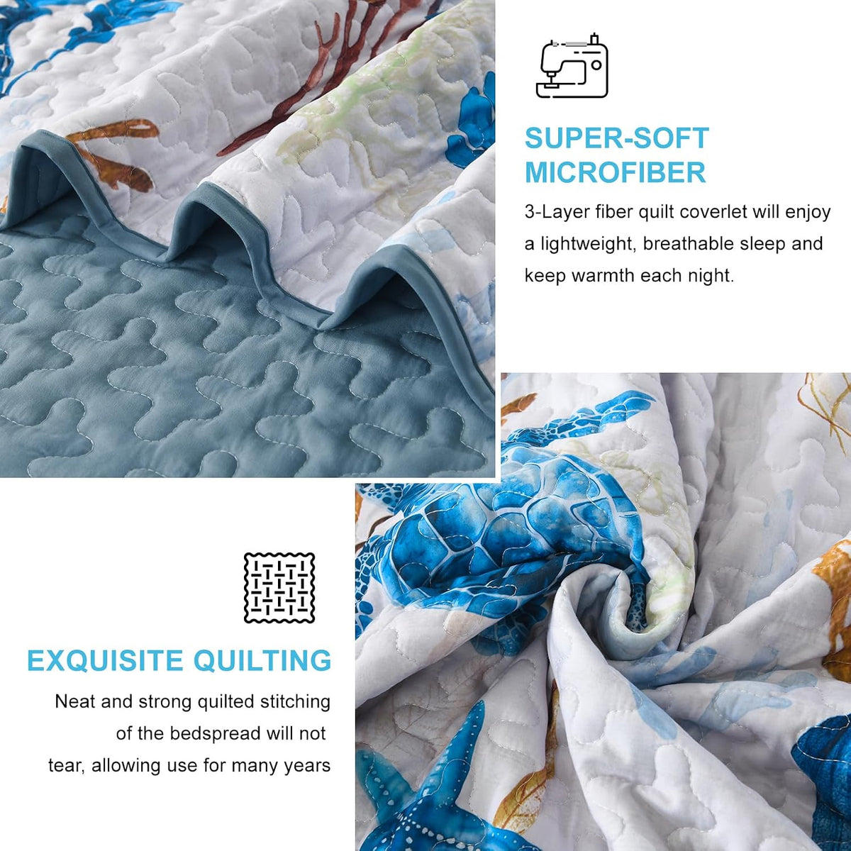 DJY Ocean Coastal Quilt Queen Size, 3 Pcs Sea Turtle Theme Bedspread Set