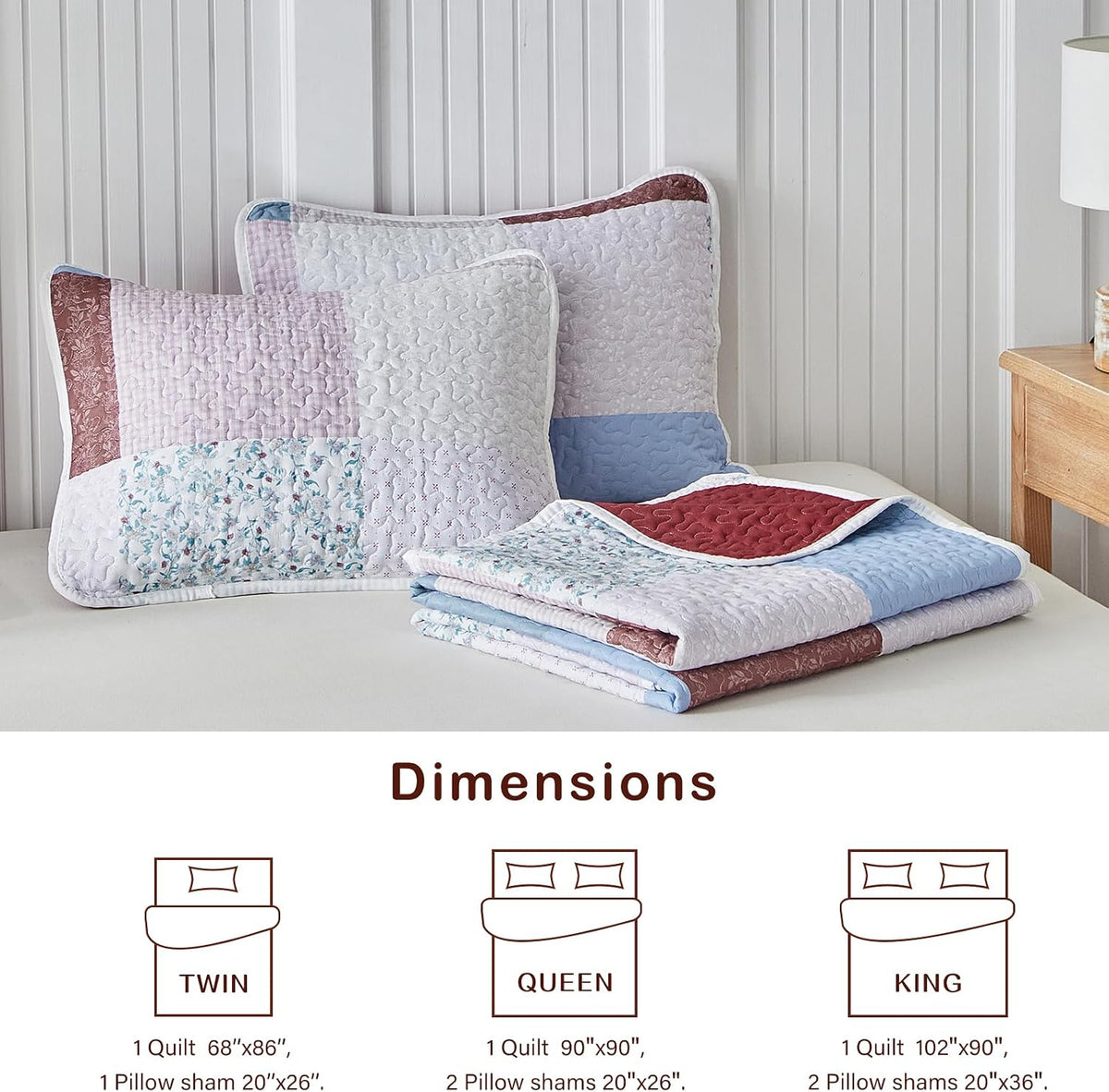 Joyreap 2pcs Floral Quilt Set Twin, Burgundy Red Botanical Patchwork Grid Design, Lightweight Cozy Bedspread Coverlet for All Season- 68x88 inches