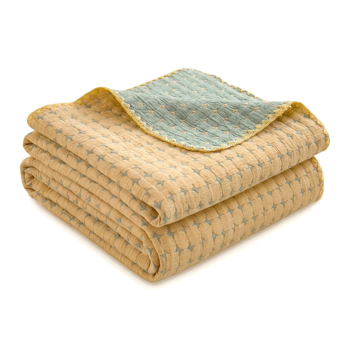 100% Cotton Muslin Blanket Twin Size 4-Layer Gauze Quilted Lightweight Breathable Cooling Bed Blanket for Adults, Soft Summer Bed & Couch Cover All Season (Yellow-Gray, Twin 60 * 80 in)
