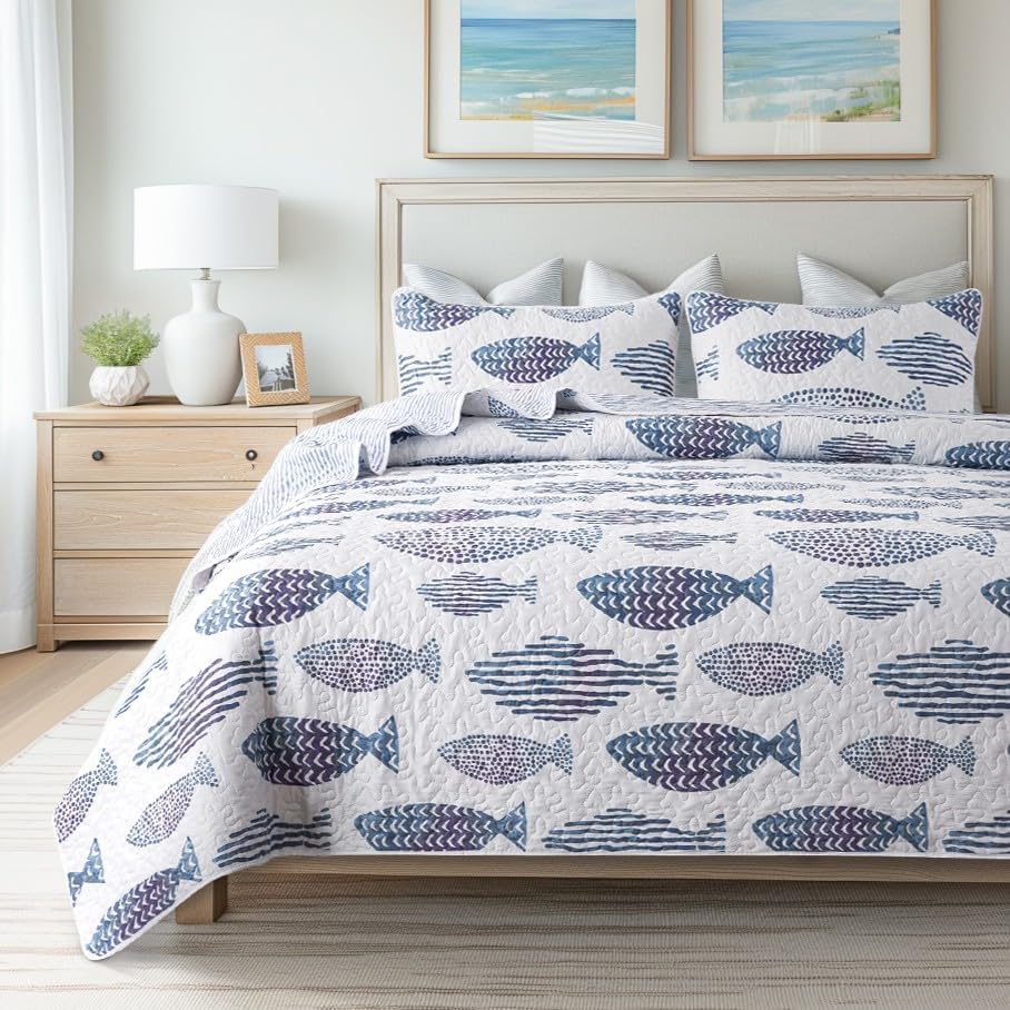 SLPR - Coastal Nautical Fish Quilt Set, Queen with 2 Shams, Lake Bedding