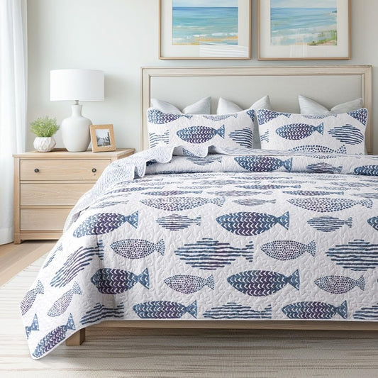 SLPR - Coastal Nautical Fish Quilt Set, Queen with 2 Shams, Lake Bedding