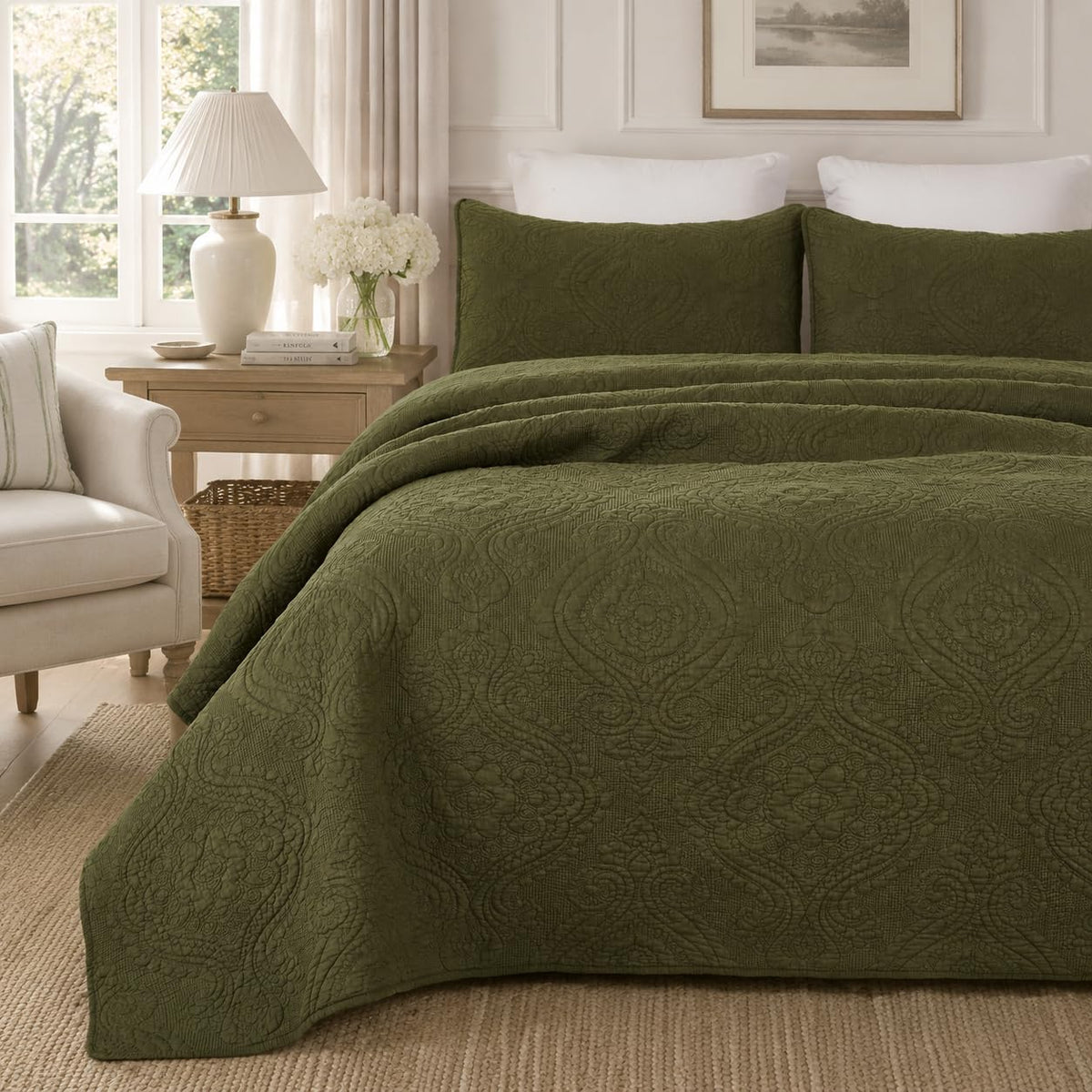 Brandream Queen Size Quilt Set Cotton Beige Quilts Luxury Medallion Matelasse Coverlet Set 3-Piece