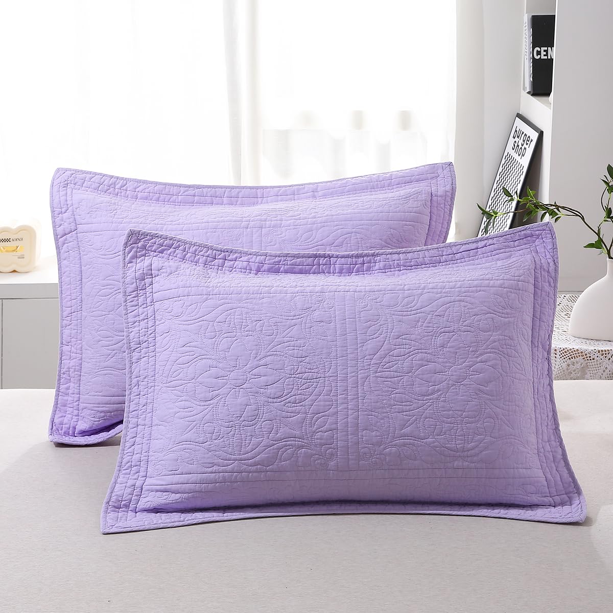 WINLIFE 100% Cotton Quilted Pillow Sham Floral Printed Pillow Cover Sage Green, Standard Size, 20 x 26 Inch
