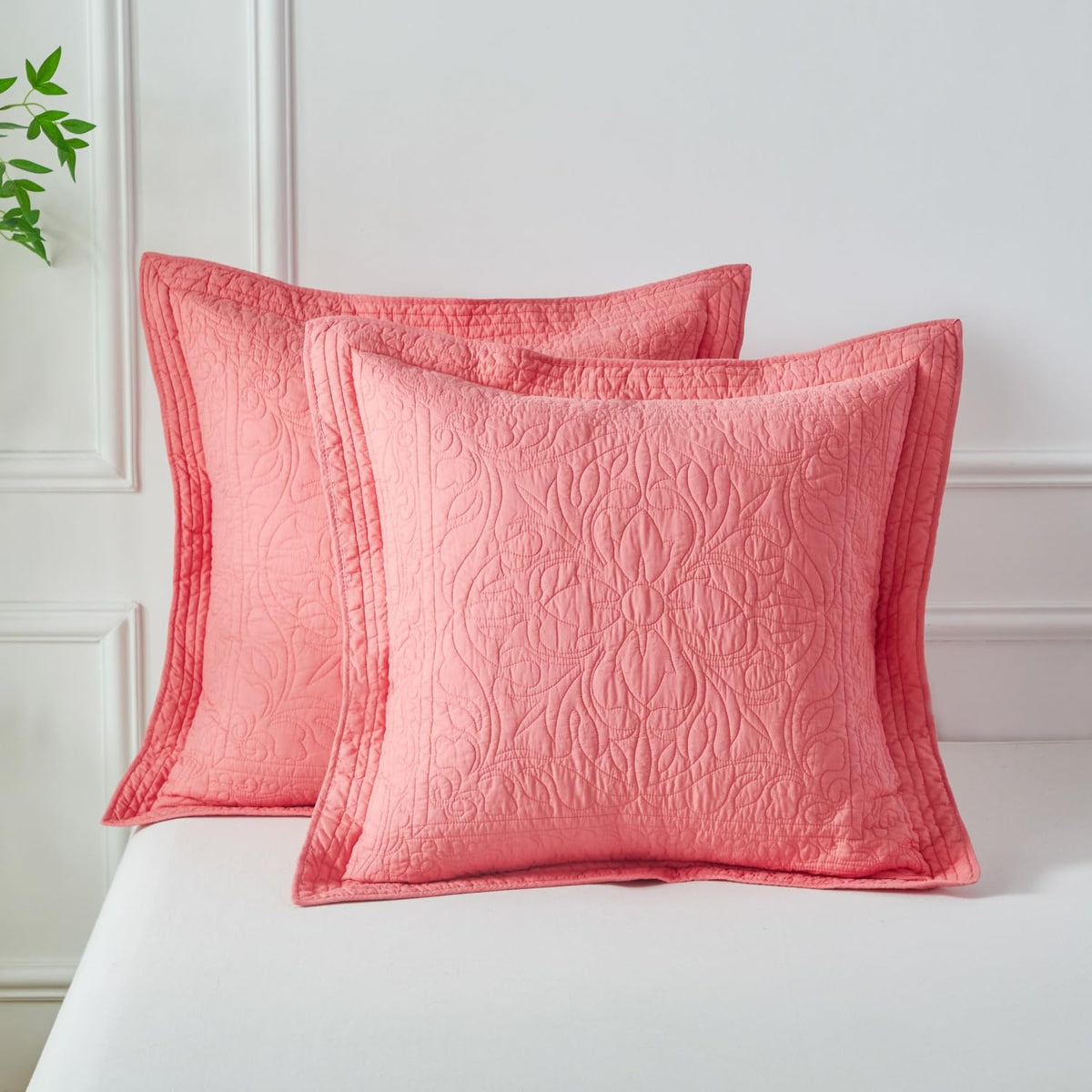 WINLIFE 100% Cotton Quilted Pillow Sham Floral Printed Pillow Cover Sage Green, Standard Size, 20 x 26 Inch