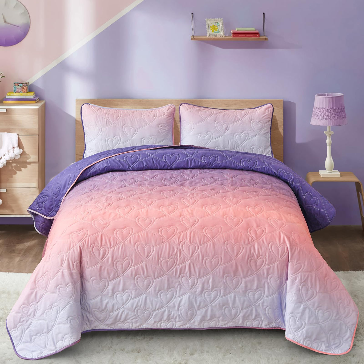 Xruibed Purple Quilt Set Twin Ombre Quilt Sets Reversible Bedding Set