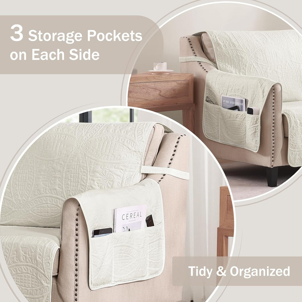 Soft Quilted Couch Cover with Pockets for Extra-Large Sofa, Anti-Slip Sofa Covers Washable for 3 Cushion Pet Friendly Medallion Oversized Sofa Cover Water-Repellent (X-Large Sofa 78", Ivory White)