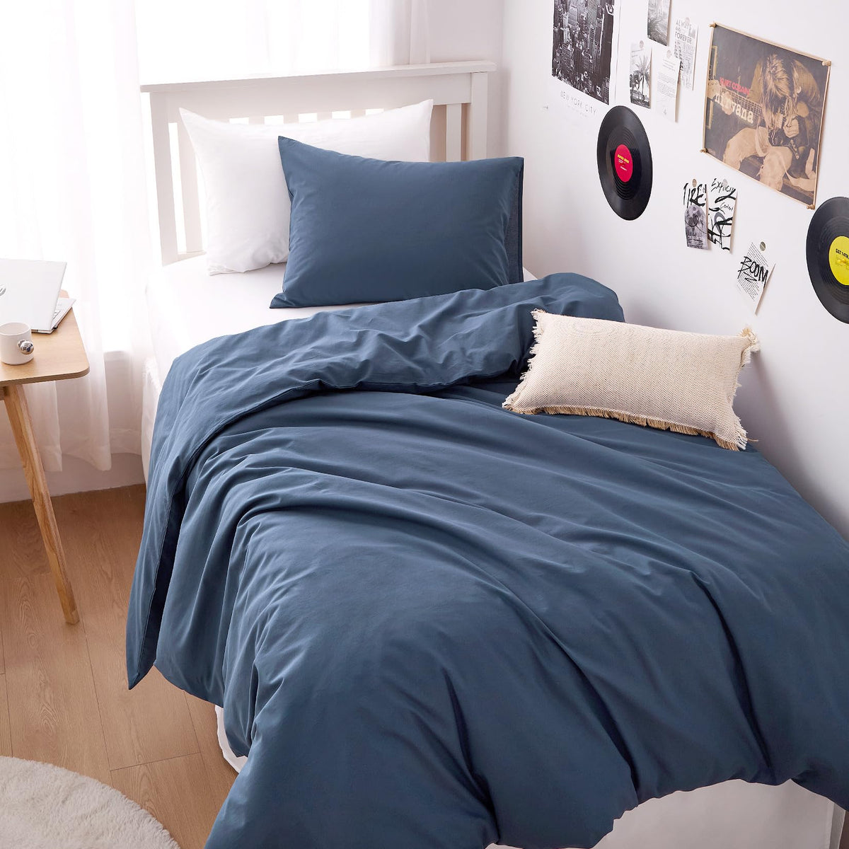 Wake In Cloud - Cotton Duvet Cover Set, 100% Washed Cotton, Linen Like Textured, Breathable Durable Comfy Farmhouse Neutral Bedding Set, 3 Pieces, Light Denim Blue, Twin/Twin XL Size