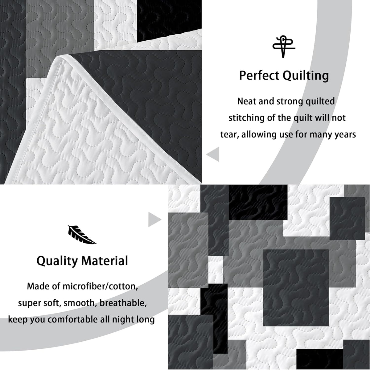 Tyrot 3 Piece Black Grey Quilt Full/Queen Size Black White Gray Bedding Set