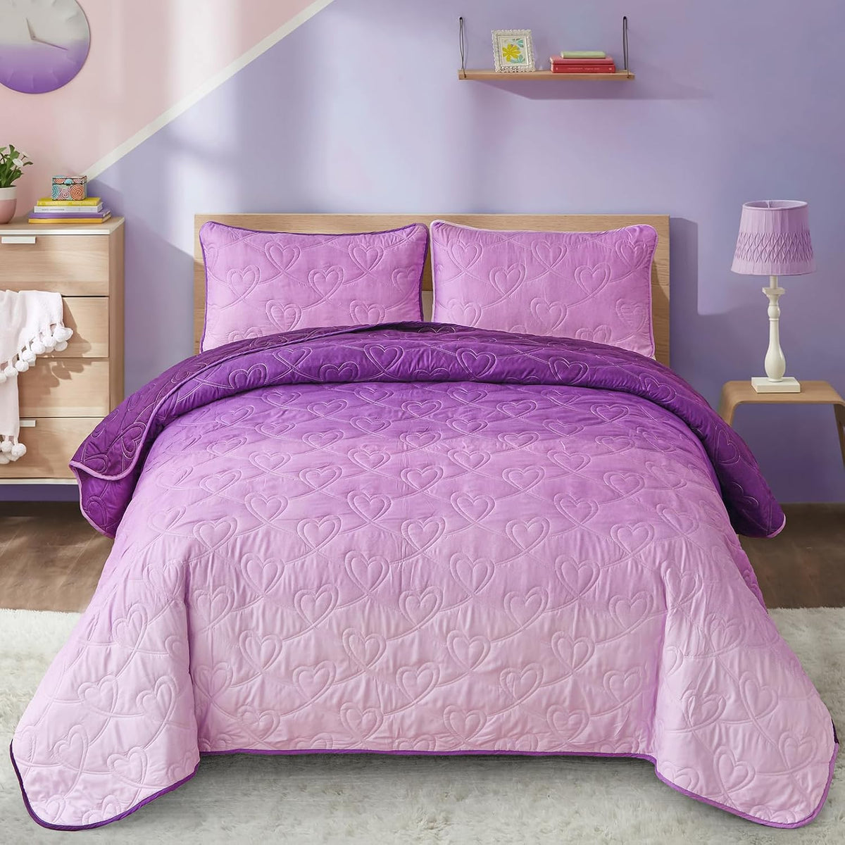 Xruibed Purple Quilt Set Twin Ombre Quilt Sets Reversible Bedding Set