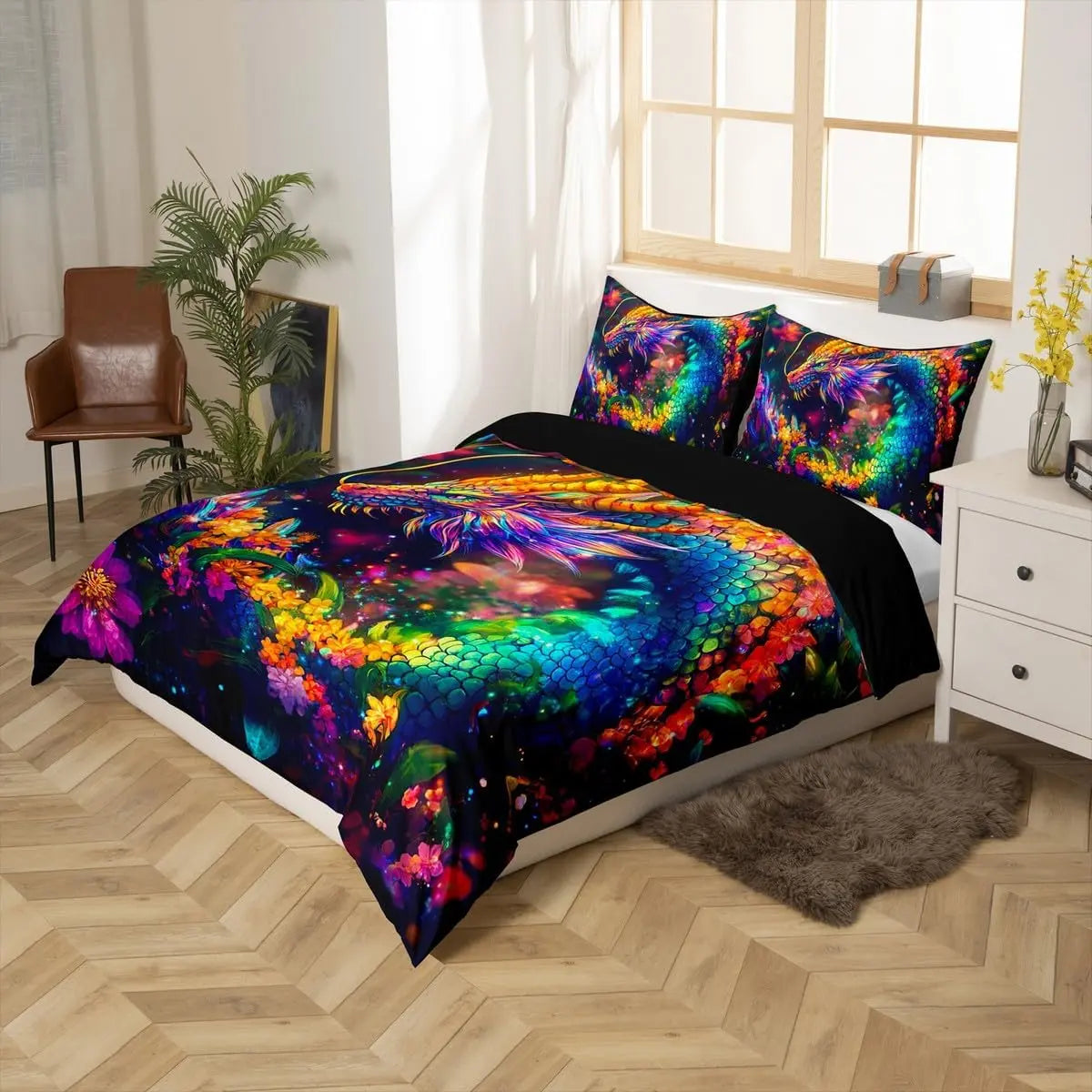 Feelyou 3D Flower Dragon Print Wildlife Duvet Cover Set - Soft Texture, Comfy Bedding Sets, Breathable, All-Season Microfiber Quilt Cover with Zipper Closure, Machine-Washable, Vibrant Decor for Bedroom (No Filler/Comforter)