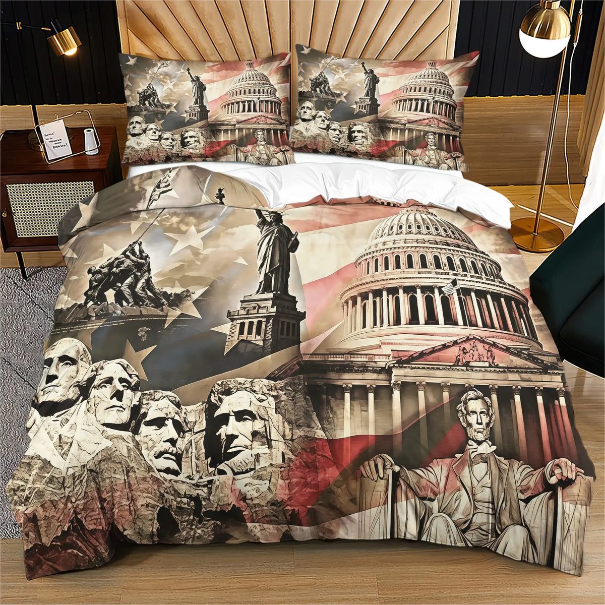 American 250th Anniversary Pattern Quilt Cover Set, Soft And Comfortable Bedding Set (1 Duvet Cover + 1/2 Pillowcase, No Filler), Suitable For Teenagers And Adults, Bedroom, Dormitory, Guest Room Scene