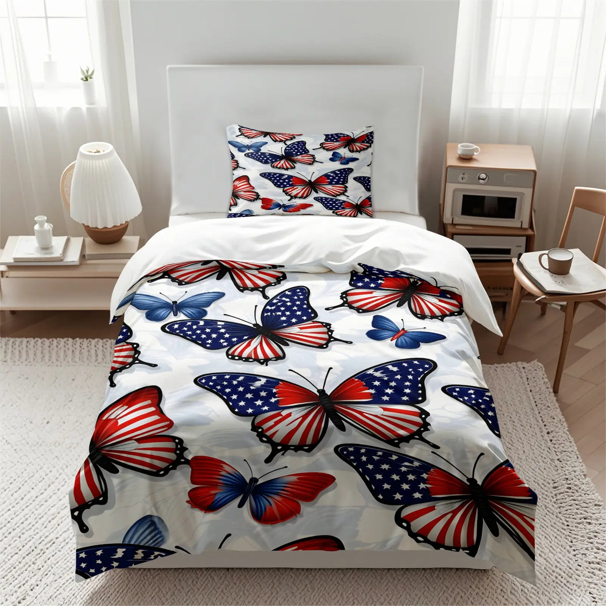 2/3Pcs Patriotic American Flag Butterfly Duvet Cover Set, American Flag Element Splicing Pattern, Soft Microfiber USA Bedding Set with Pillowcases, No Filler, For Bedroom, University Dormitory, Apartment Decor, Great Gift for Patriotic Lovers