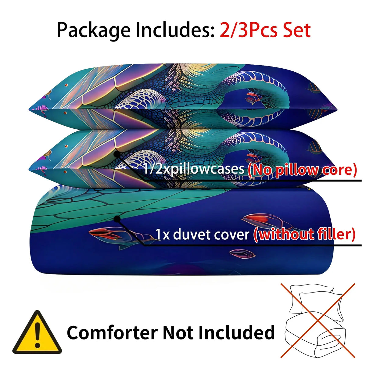 2/3Pcs Ultra Soft Polyester 2Pcs Psychedelic Neon Sea Turtle Coral Reef Duvet Cover Set Easy Care Washable Comforter Cover With Pillowcase Trendy Vibrant Ocean Pattern Home Bedding Decoration