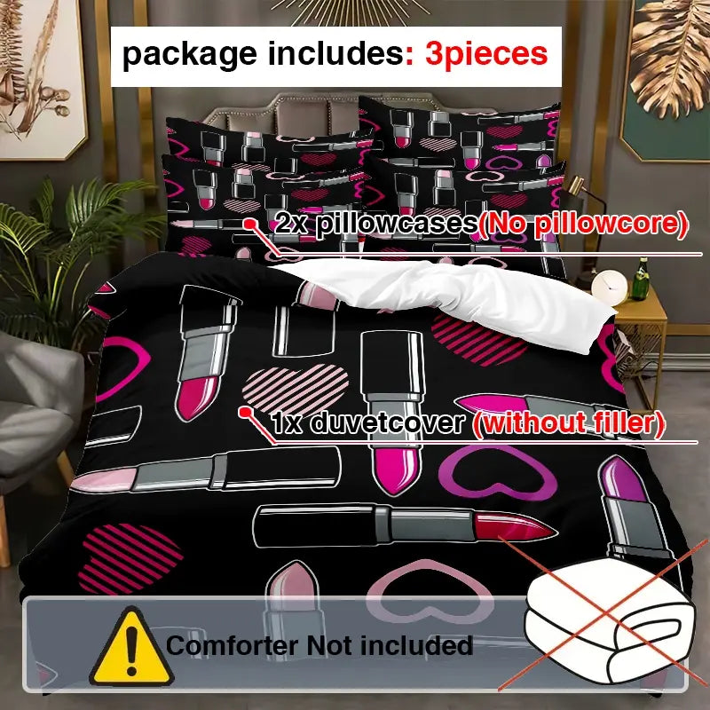 3-piece down duvet cover with lipstick and heart-shaped pattern on black background, 3D digital printed bedding, suitable for home decoration in bedrooms and guest rooms (1 * down duvet cover 2 * pillowcase, no down duvet core), machine washable